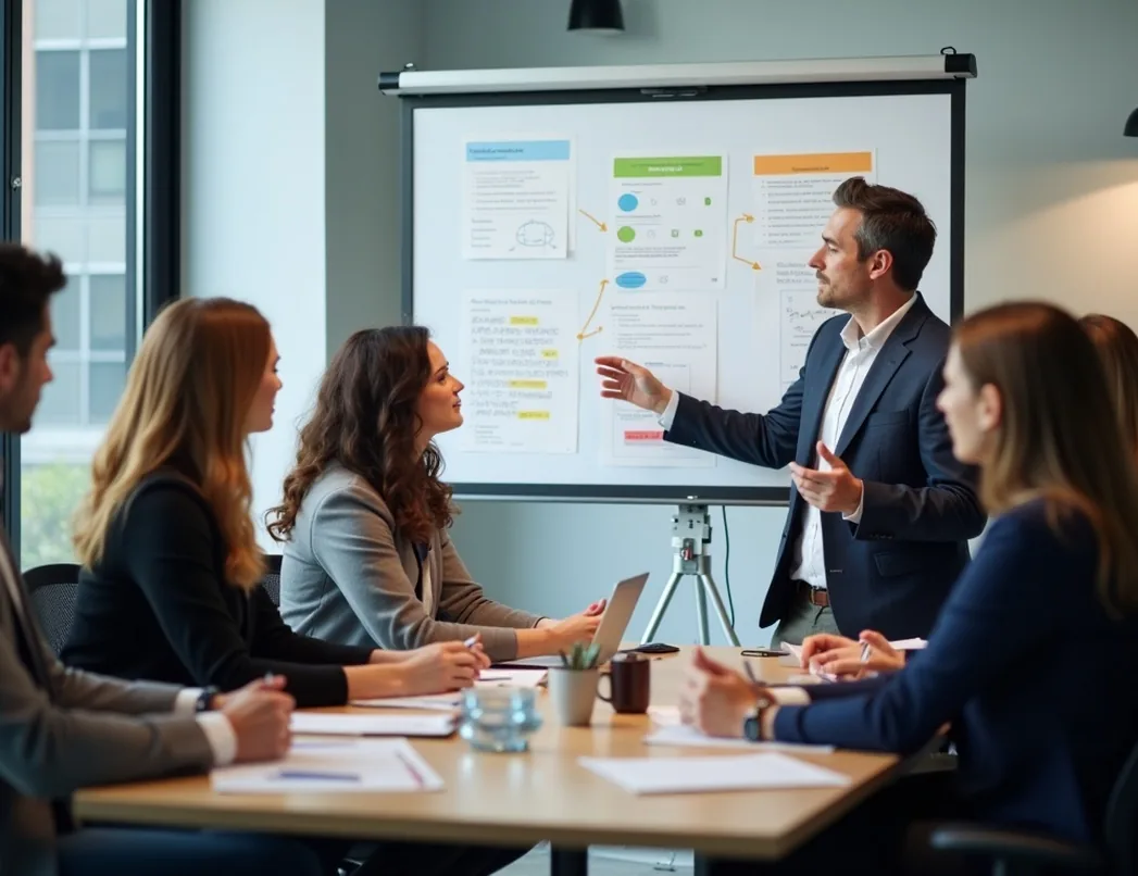 Corporate team brainstorming in modern office environment